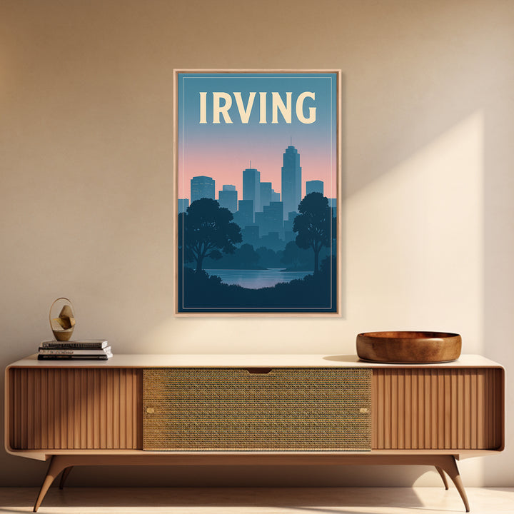 Irving Texas Travel Poster, Canvas Print, Retro Sunset Skyline Art, Irving Poster Print, Wall Decor, Mid Century Wall Art, Art Print