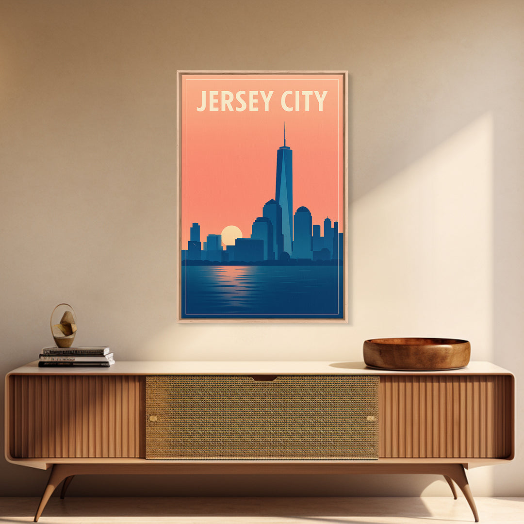 Jersey City Travel Poster, Framed Canvas Print, Mid Century City Wall Art, Jersey City Travel Art, Retro Travel Print, Mid Century Wall Art
