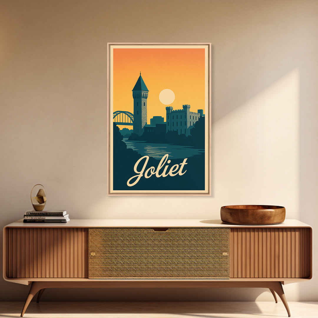 Joliet Illinois Travel Poster, Canvas Print, Retro Sunset Skyline Art, Joliet Wall Art, Watercolor Skyline Art, Travel Wall Decor, Wall Art