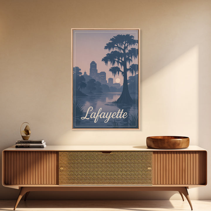 Lafayette Travel Poster, Framed Canvas Print, Retro Sunset Skyline Art, Lafayette Travel Art, Travel Poster Set, Vintage City Poster