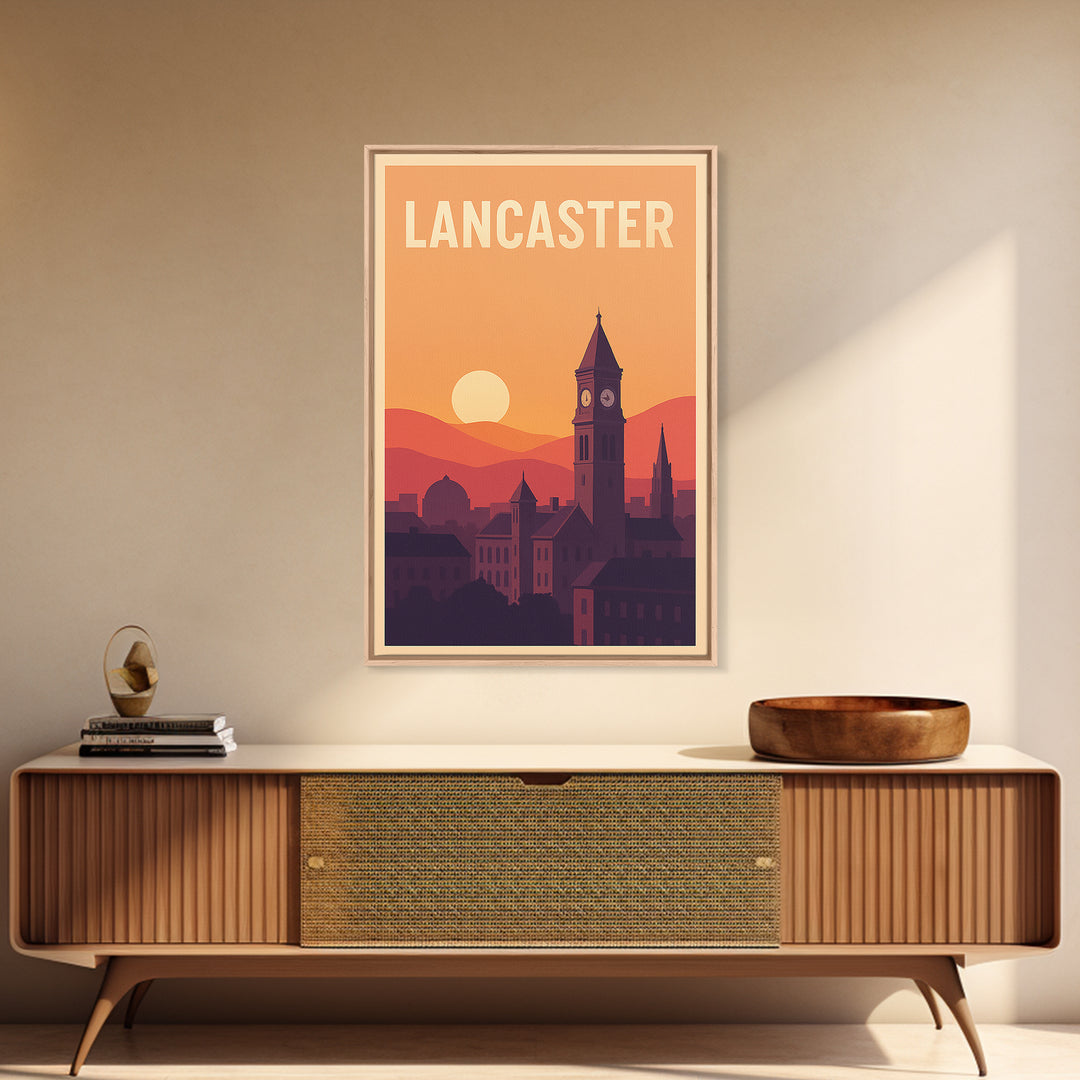 Lancaster Travel Poster, Framed Canvas Print, Vintage Travel Poster Art, Lancaster Poster Print, Mid Century Wall Art, City Illustration