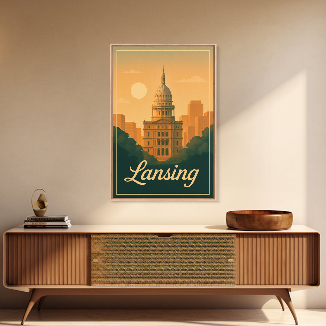 Lansing Michigan Travel Poster, Canvas Print, Classic Poster Art, Lansing City Art, City Illustration, Office Decor, Mid Century Wall Art