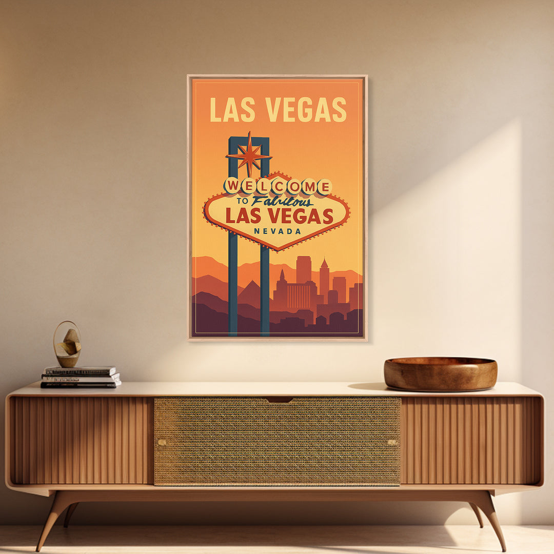 Las Vegas Nevada Travel Poster, Canvas Print, Retro Sunset Skyline Art, Las Vegas Travel Art, Travel Art Print, Mid Century Wall Art