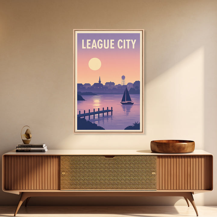 League City Texas Travel Poster, Framed Canvas Print, Retro Sunset Skyline Art, League City Travel Art, Travel Wall Decor, Travel Wall Art