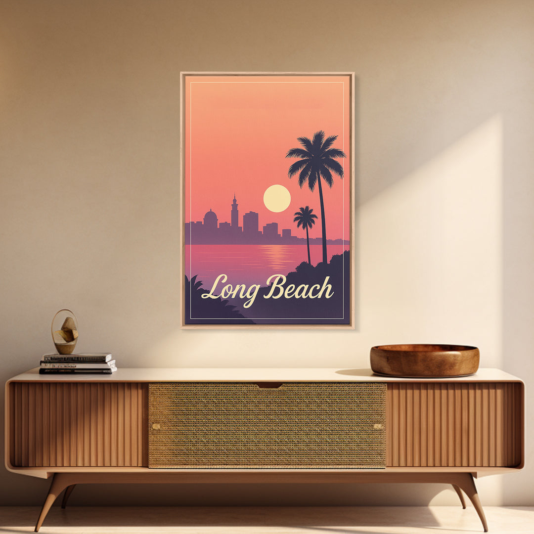 Long Beach California Travel Poster, Canvas Print, Retro Sunset Skyline Art, Long Beach Art Print, Vintage Travel Art, City Travel Prints