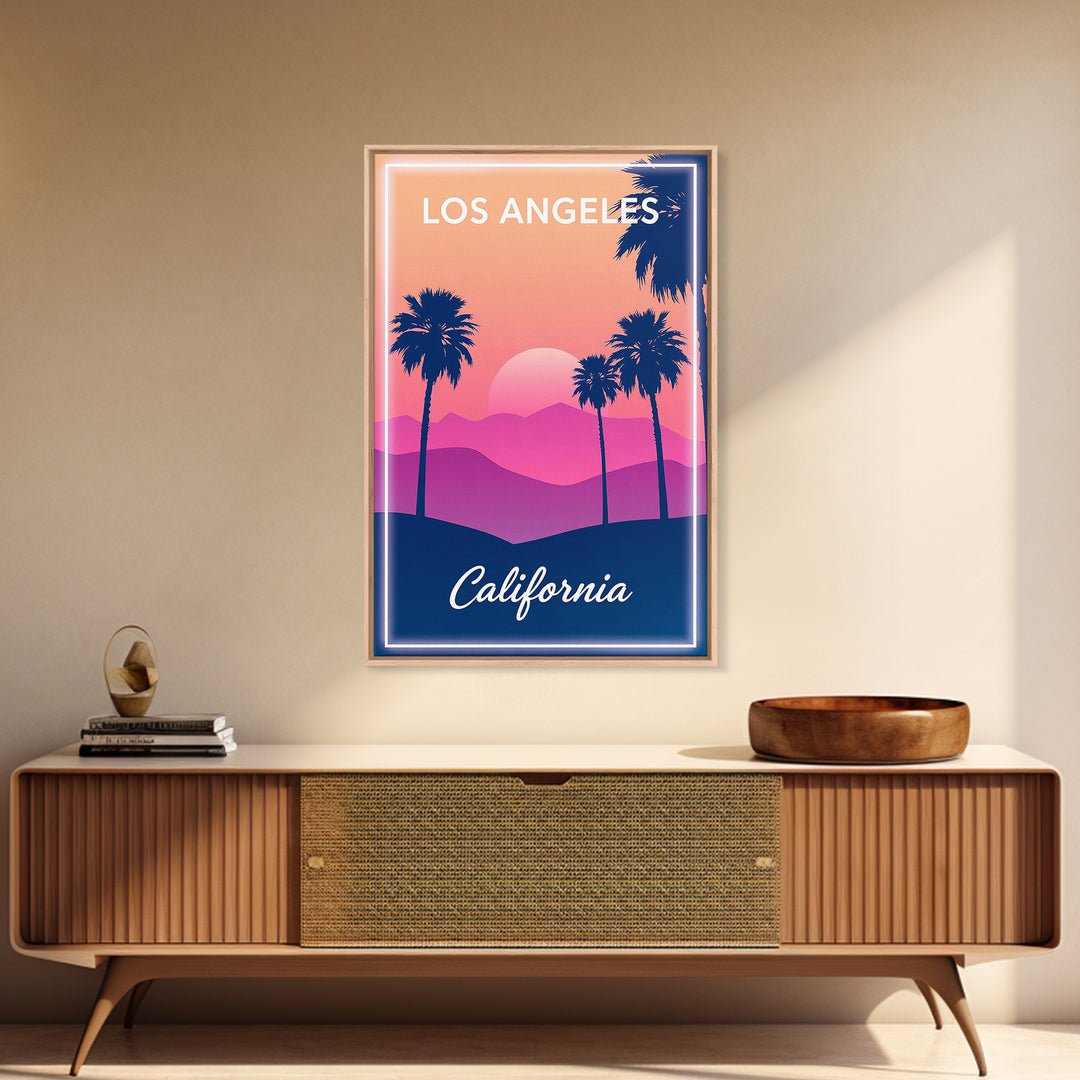 Los Angeles Travel Poster, Framed Canvas Print, Retro Sunset Skyline Art, Los Angeles Travel Art, Retro Travel Print, City Travel Prints