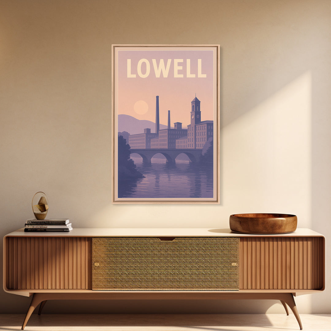 Lowell Massachusetts Travel Poster, Canvas Print, Retro Sunset Skyline Art, Lowell Travel Art, Poster Art, Fine Art Print, Travel Wall Art
