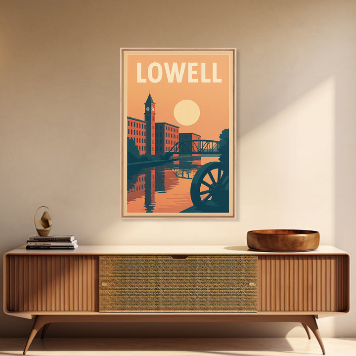 Lowell Travel Poster, Canvas Print, Retro Sunset Skyline Art, Lowell Art Print, Gift For Travelers, Mid Century Wall Art, Travel Art Print