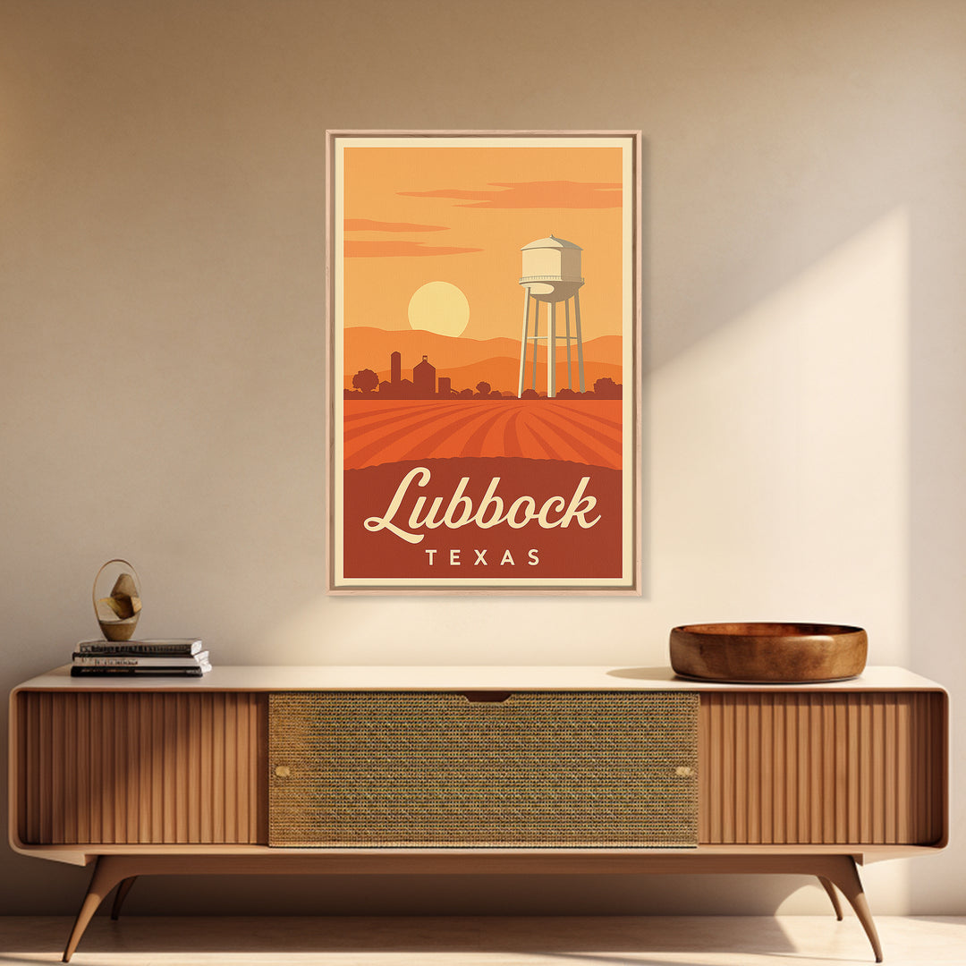 Lubbock Texas Travel Poster, Framed Canvas Print, Retro Sunset Skyline Art, Lubbock Poster Print, Wanderlust Decor, Travel Poster Set