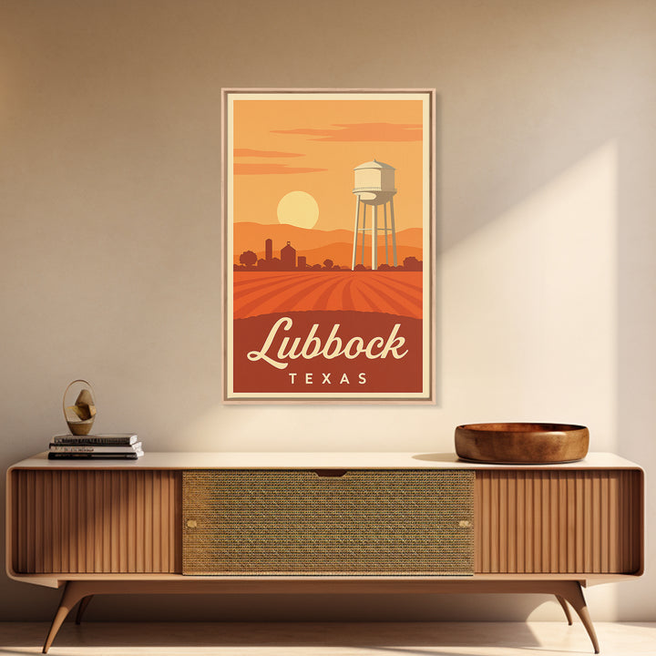 Lubbock Texas Travel Poster, Framed Canvas Print, Retro Sunset Skyline Art, Lubbock Poster Print, Wanderlust Decor, Travel Poster Set