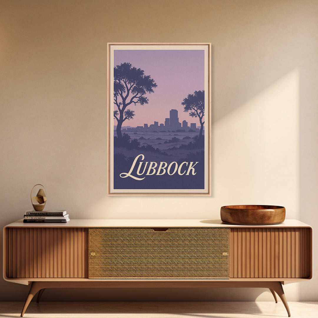 Lubbock Travel Poster, Framed Canvas Print, Retro Sunset Skyline Art, Lubbock Wall Art, Wanderlust Decor, Modern Wall Decor, Art Print