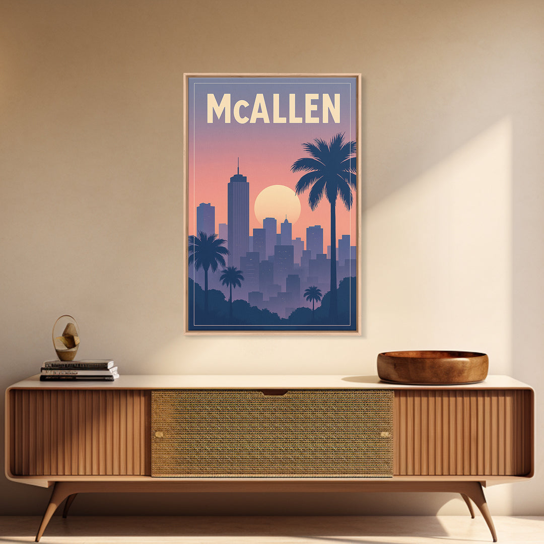 Mcallen Texas Travel Poster, Framed Canvas Print, Retro Sunset Skyline Art, Mcallen Wall Art, Eclectic Wall Decor, City Travel Prints