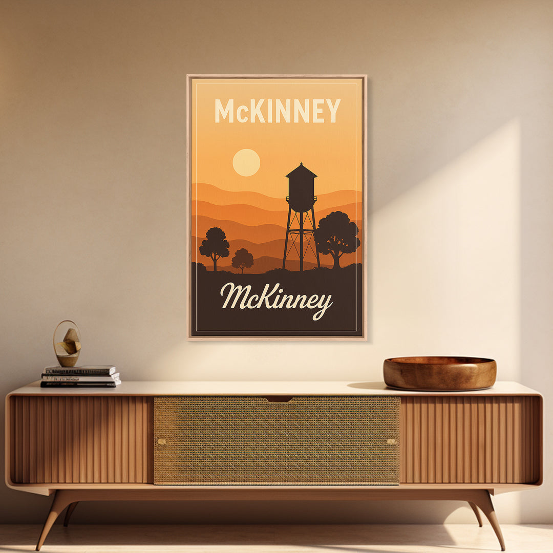 Mckinney Texas Travel Poster, Canvas Print, Retro Sunset Skyline Art, Mckinney Travel Art, Vintage Travel Art, Vintage Travel Print