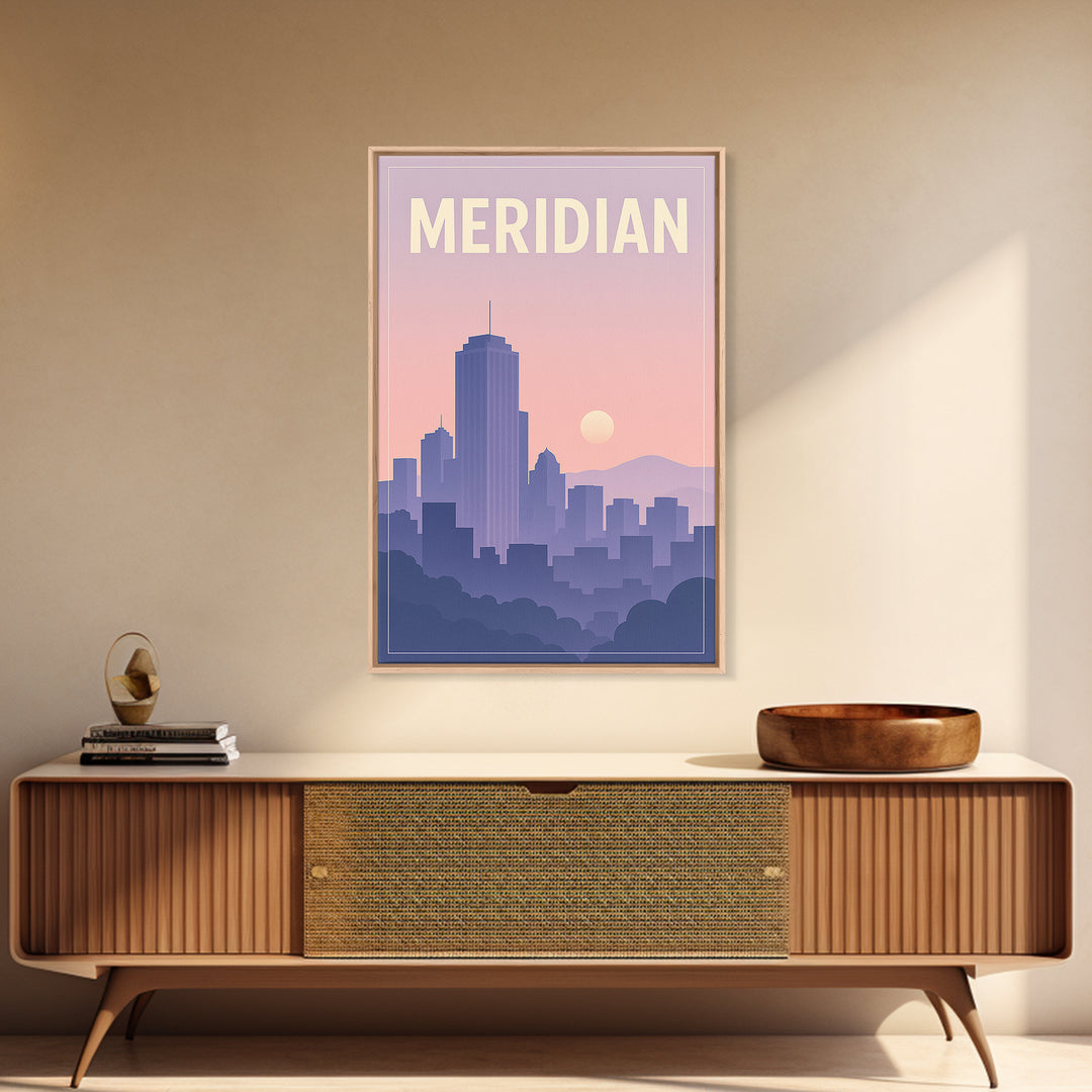Meridian Idaho Travel Poster, Framed Canvas Print, Classic Travel Poster Art, Meridian Travel Art, Mid Century Wall Art, City Travel Prints