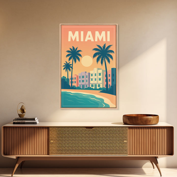 Miami Travel Poster, Framed Canvas Print, Vintage Travel Poster Art, Miami Poster Print, City Art Print, Living Room Wall Art, Design 2