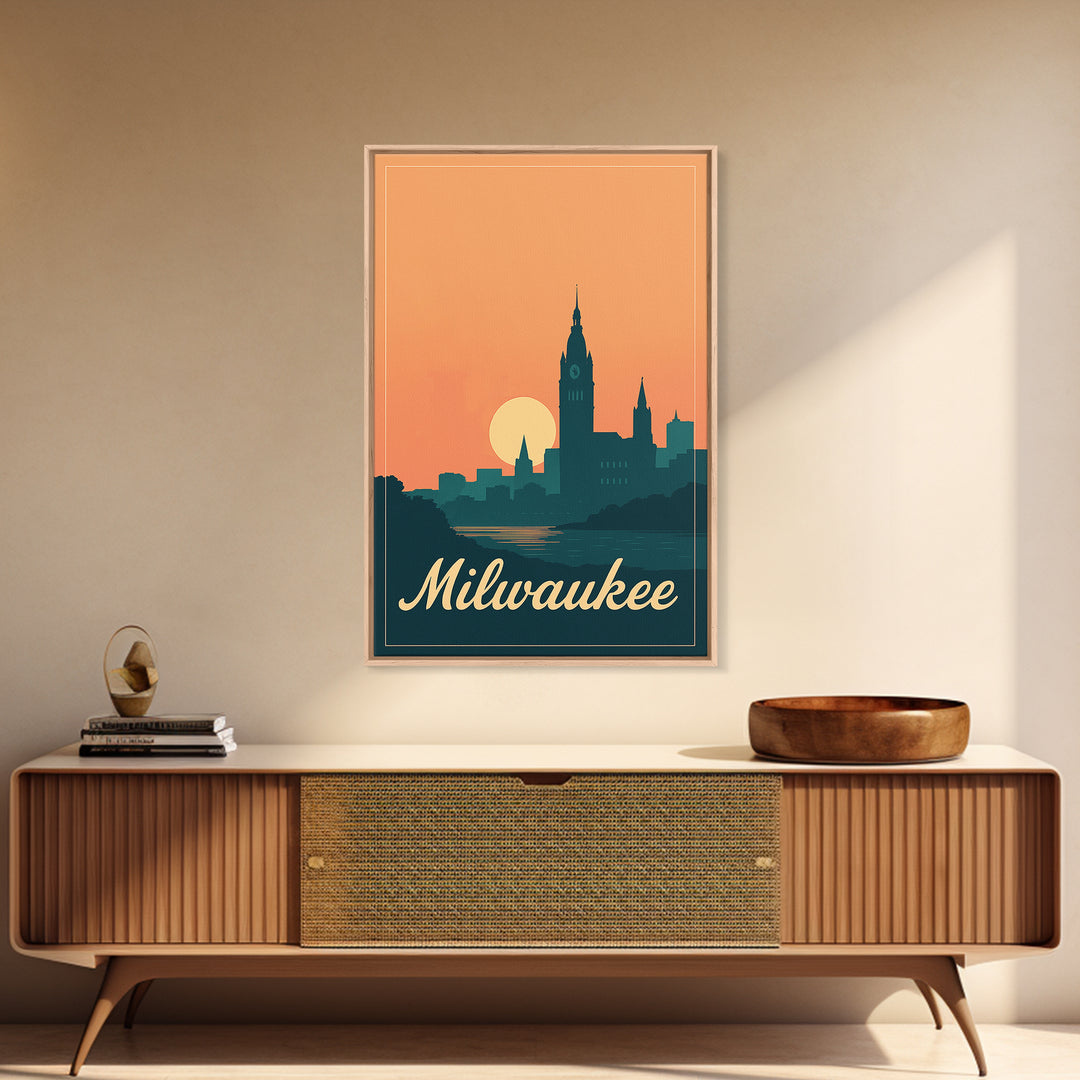 Milwaukee Wisconsin Travel Poster, Framed Canvas Print, Retro Sunset Skyline Art, Milwaukee Wall Art, Modern Wall Decor, City Travel Prints