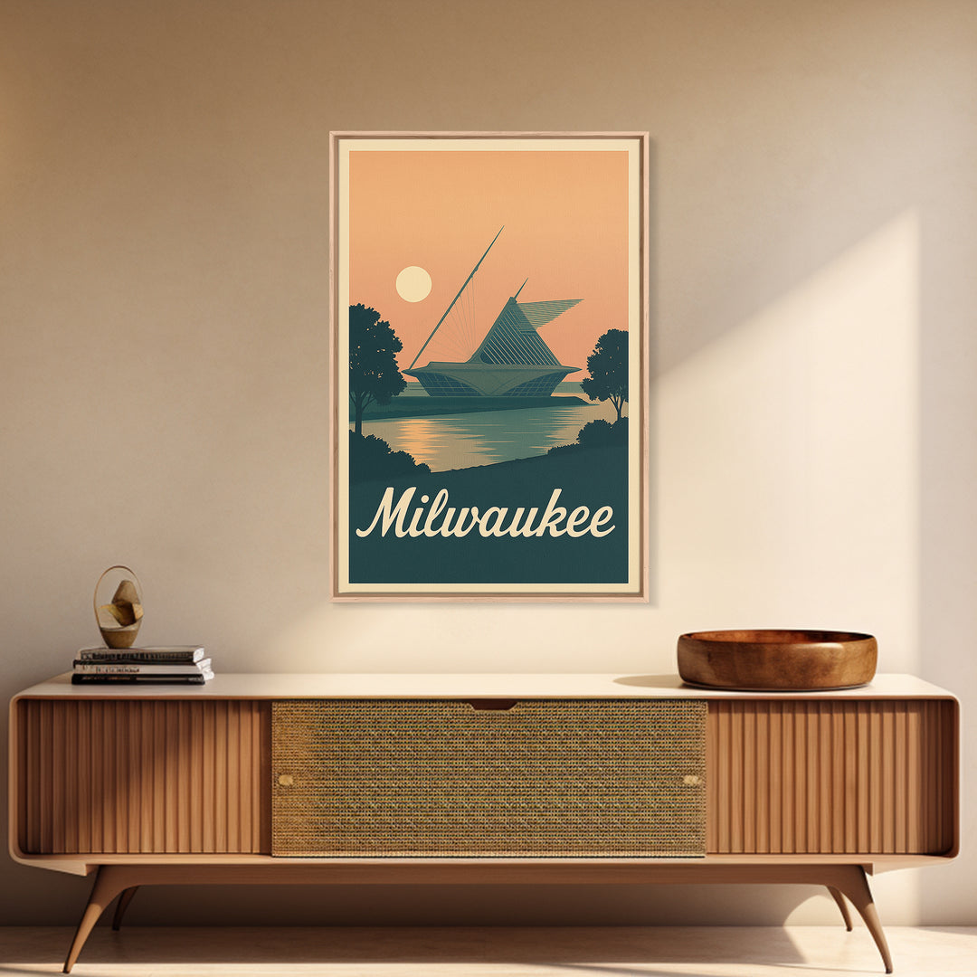 Milwaukee Travel Poster, Framed Canvas Print, Classic Travel Poster Art, Milwaukee Art Print, Watercolor Skyline, Retro Travel Print