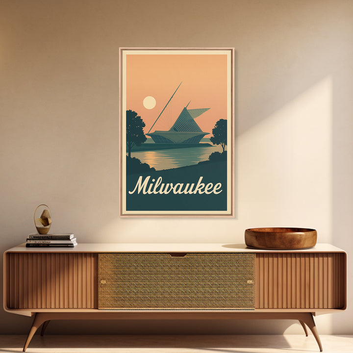 Milwaukee Travel Poster, Framed Canvas Print, Classic Travel Poster Art, Milwaukee Art Print, Watercolor Skyline, Retro Travel Print