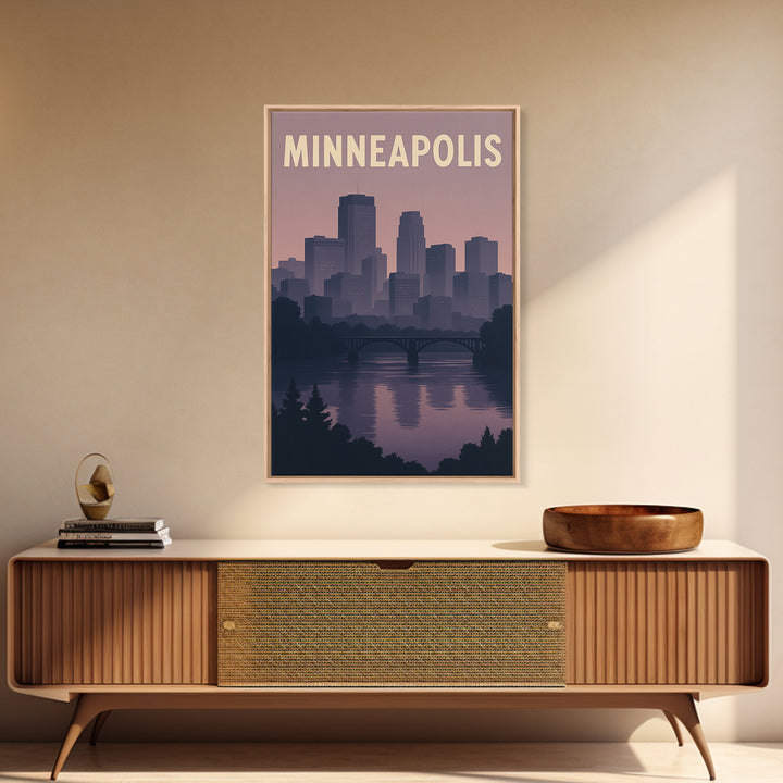 Minneapolis Travel Poster, Framed Canvas Print, Retro Sunset Skyline Art, Minneapolis Travel Art, Vintage Travel Print, City Art Print