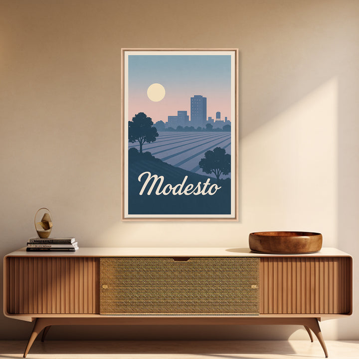 Modesto Travel Poster, Canvas Print, Mid Century City Wall Art, Modesto City Art, Modern Wall Decor, City Illustration, City Art Print