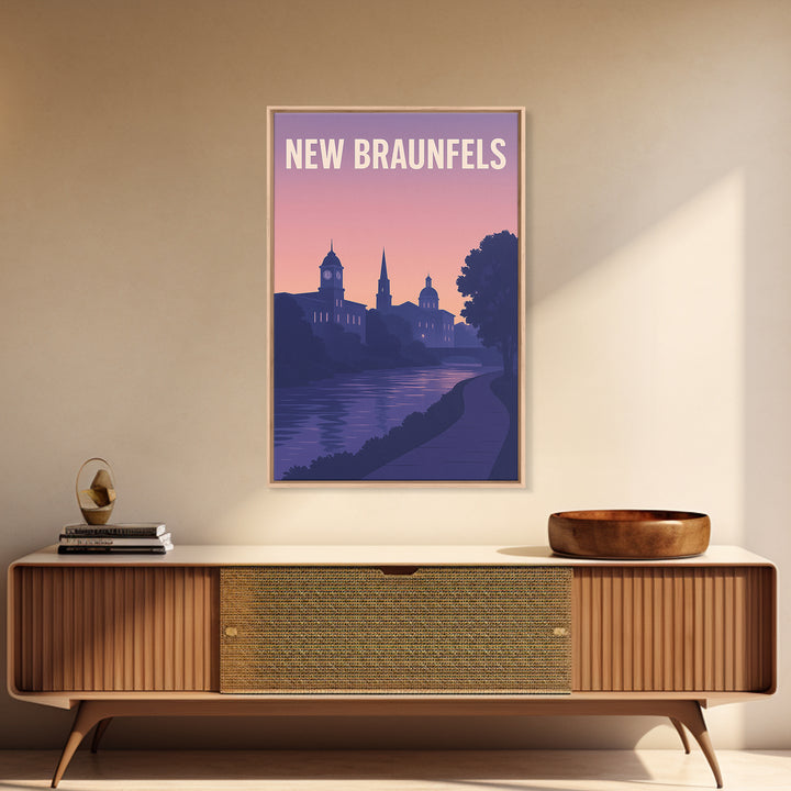 New Braunfels Travel Poster, Framed Canvas Print, Retro Sunset Skyline Art, New Braunfels City Art, Vintage Travel Print, Vintage Travel Art