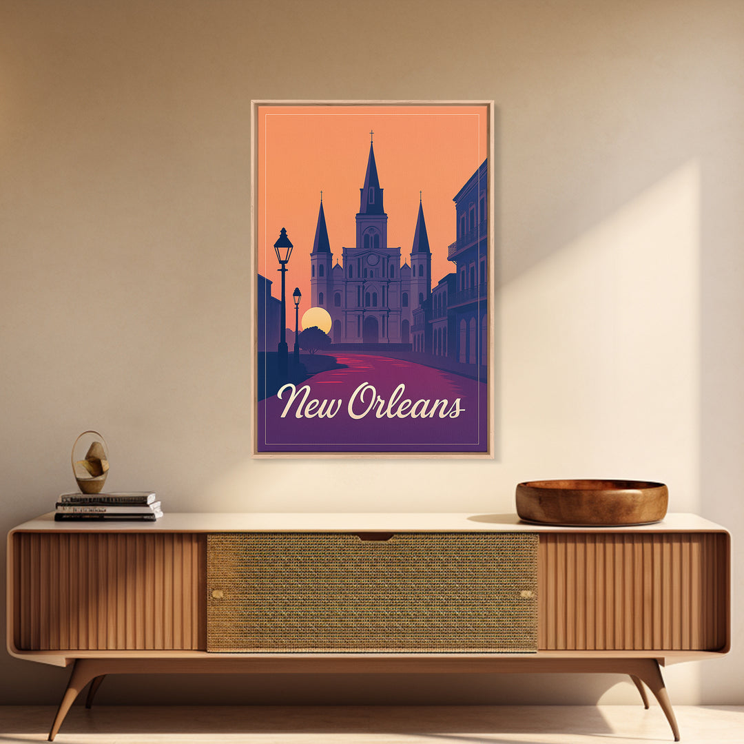 New Orleans Louisiana Travel Poster, Framed Canvas Print, Retro Sunset Skyline Art, New Orleans City Art, Travel Wall Art, Travel Art Print