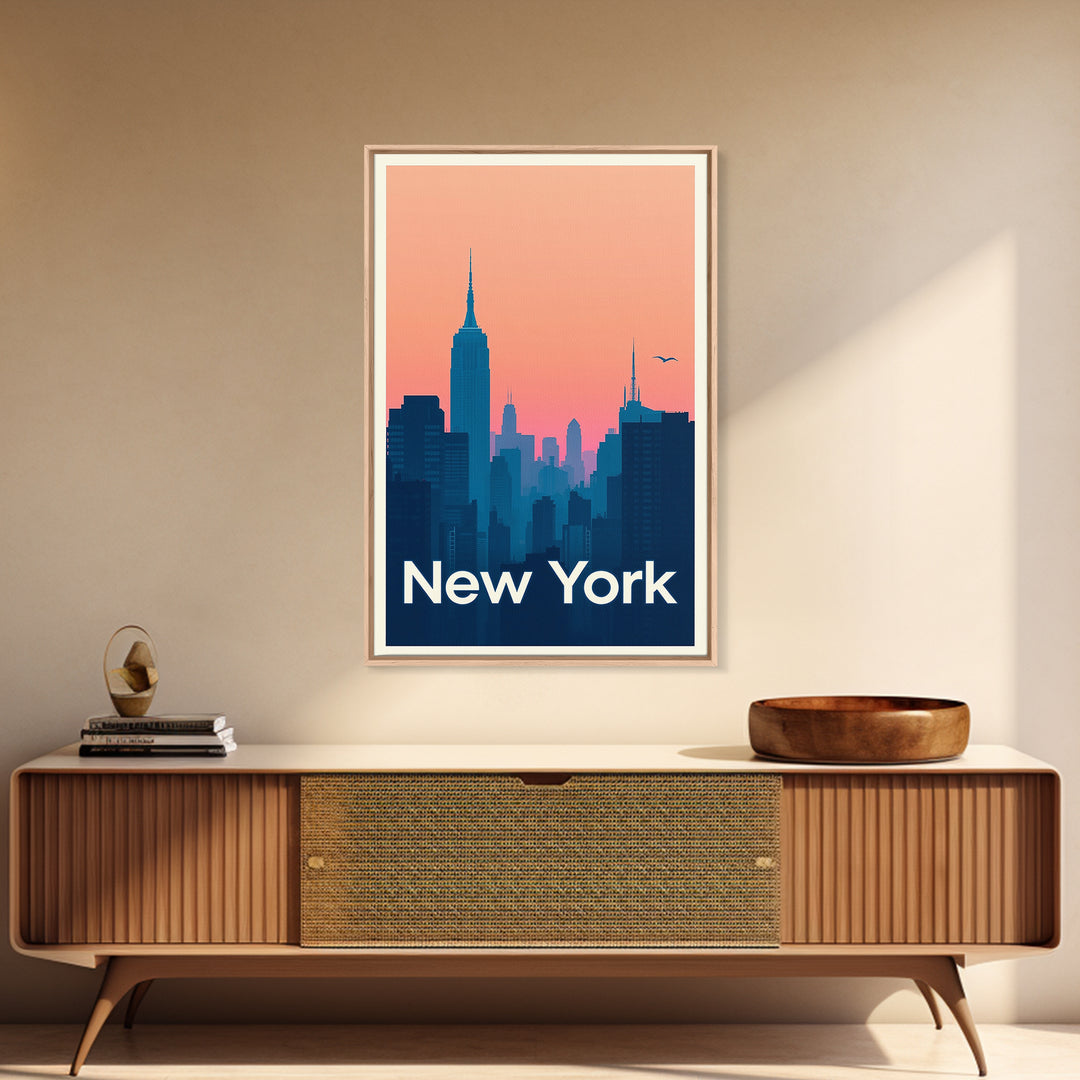New York Travel Poster, Framed Canvas Print, Retro Sunset Skyline Art, New York Travel Art, Living Room Wall Art, Eclectic Wall Decor