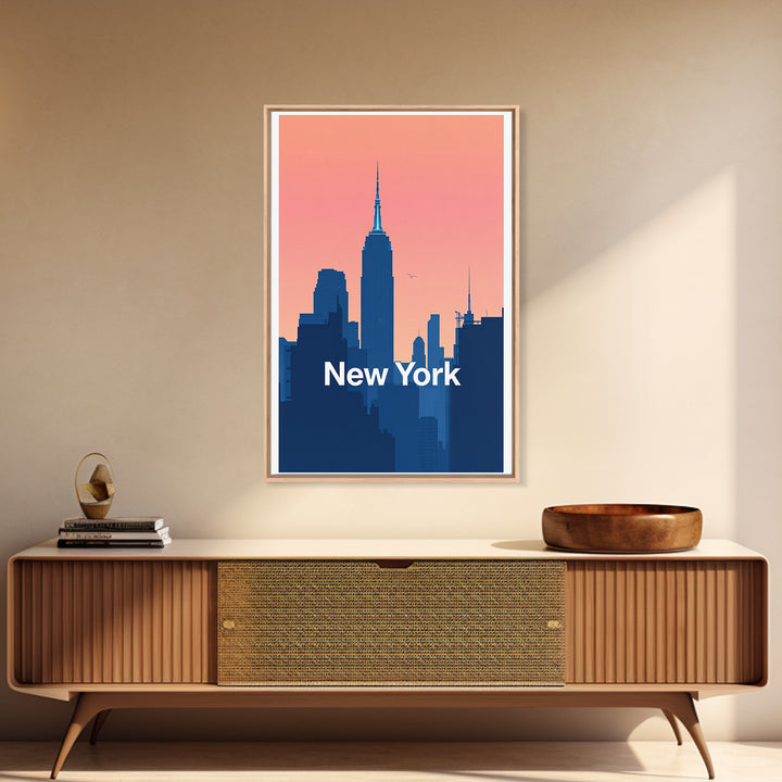New York Travel Poster, Framed Canvas Print, Retro Sunset Skyline Art, New York City Art, City Art Print, Modern Wall Decor, Poster Art