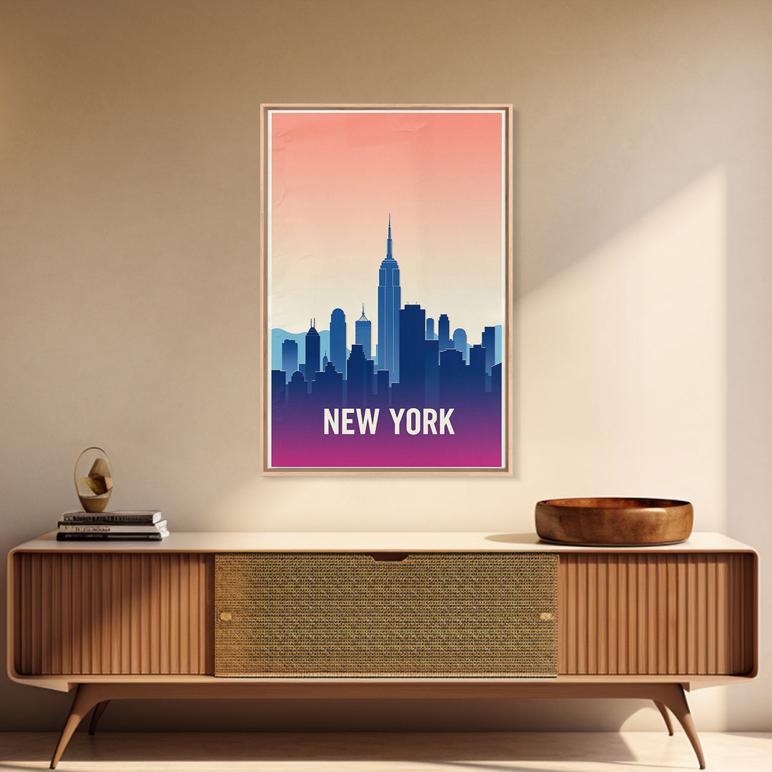 New York Travel Poster, Framed Canvas Print, Retro Sunset Skyline Art, New York Poster Print, Travel Wall Decor, Mid Century Wall Art