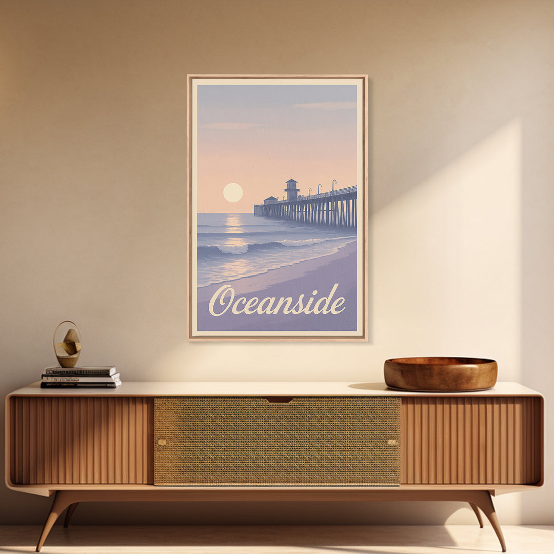 Oceanside Travel Poster, Canvas Print, Retro Sunset Skyline Art, Oceanside Wall Art, Retro Travel Print, Watercolor Skyline, Design 2