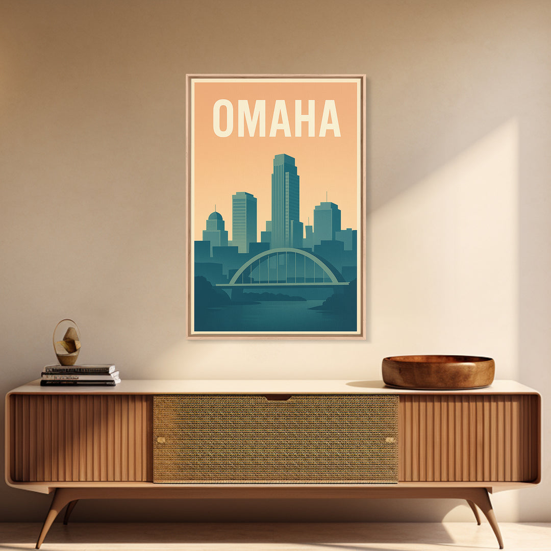 Omaha Travel Poster, Framed Canvas Print, Mid Century City Wall Art, Omaha Wall Art, Travel Wall Decor, Mid Century Wall Art, Wall Art