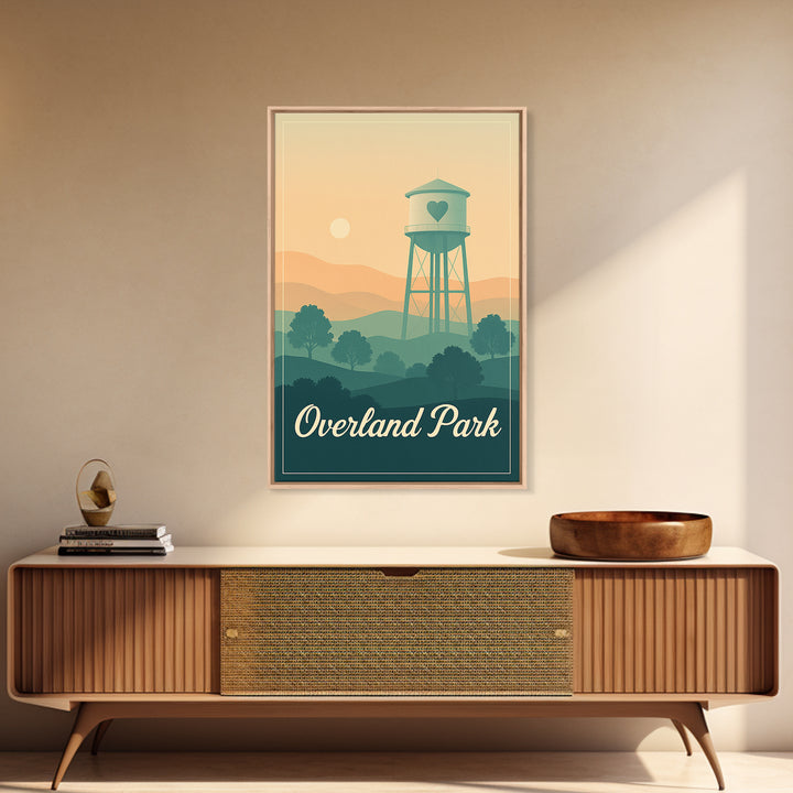 Overland Park Kansas Travel Poster, Canvas Print, Retro Sunset Skyline Art, Overland Park Art Print, Wanderlust Decor, Watercolor Cityscape