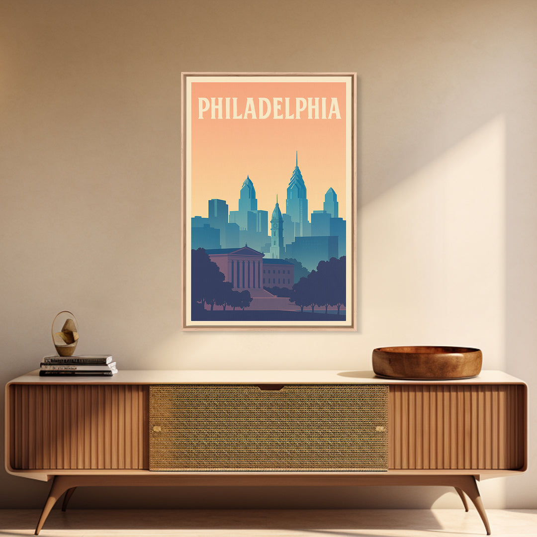 Philadelphia Travel Poster, Framed Canvas Print, Retro Sunset Skyline Art, Philadelphia City Art, Retro Travel Print, City Travel Prints