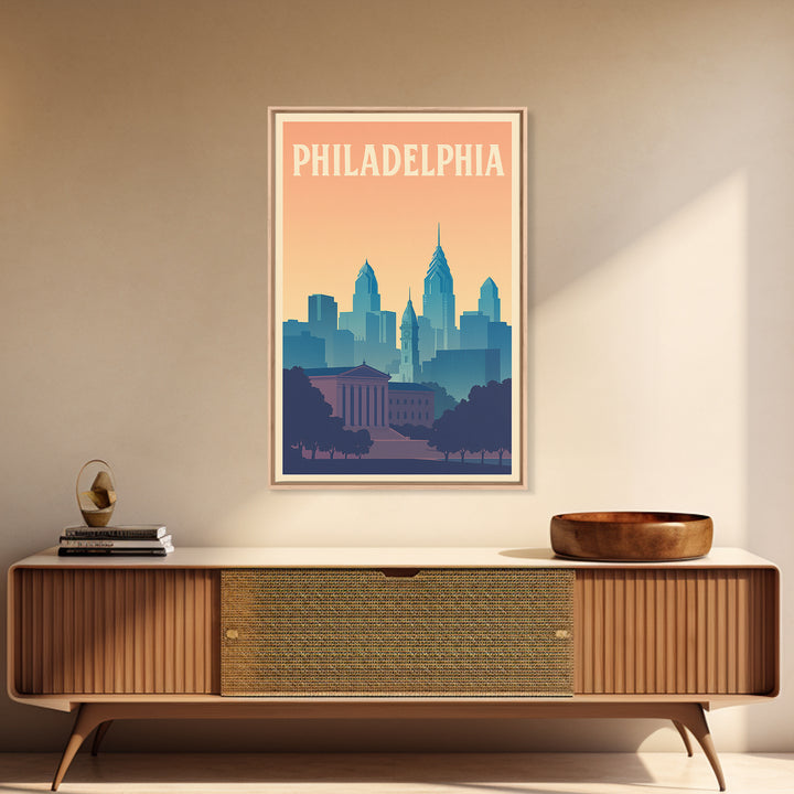 Philadelphia Travel Poster, Framed Canvas Print, Retro Sunset Skyline Art, Philadelphia City Art, Retro Travel Print, City Travel Prints