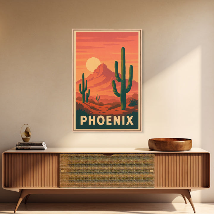 Phoenix Arizona Travel Poster, Framed Canvas Print, Retro Sunset Skyline Art, Phoenix Travel Art, Vintage Travel Print, Vintage City Poster