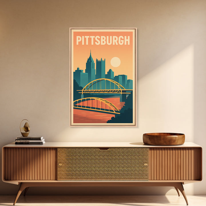 Pittsburgh Travel Poster, Framed Canvas Print, Mid Century City Wall Art, Pittsburgh Poster Print, Home Office Decor, Retro Travel Print