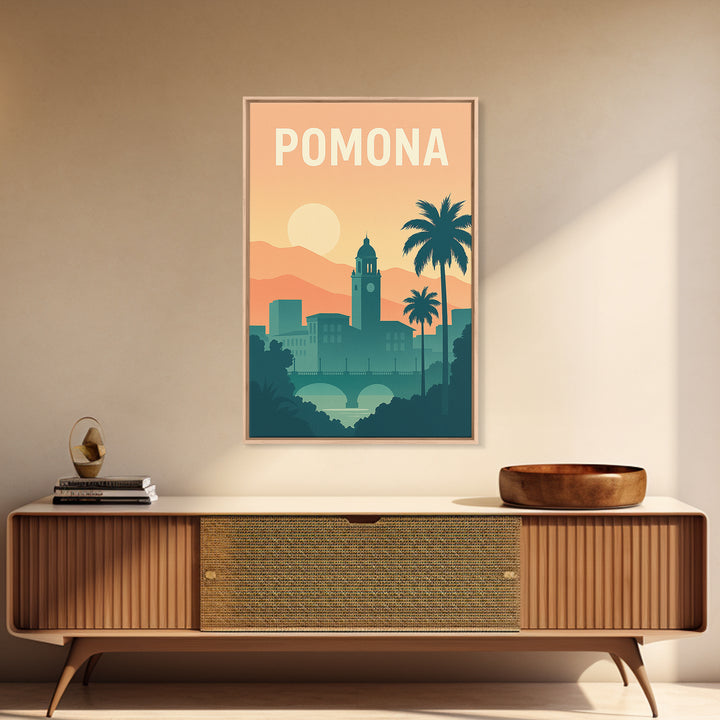 Pomona Travel Poster, Canvas Print, Retro Sunset Skyline Art, Pomona Travel Art, City Illustration, City Art Print, Travel Poster Art