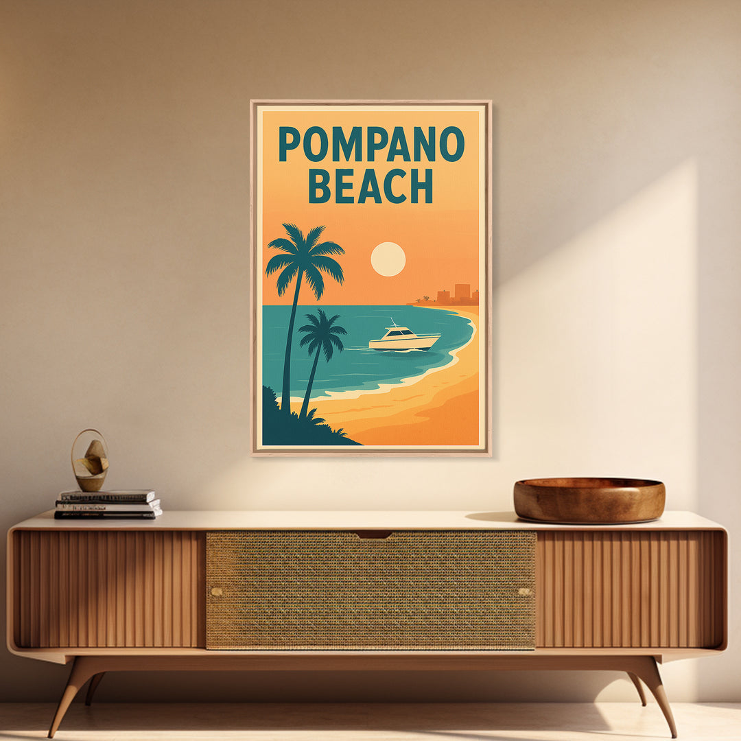 Pompano Beach Travel Poster, Framed Canvas Print, Classic Travel Poster Art, Pompano Beach Poster Print, Modern Wall Decor, City Art Print