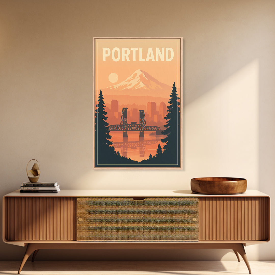 Portland Oregon Travel Poster, Framed Canvas Print, Retro Sunset Skyline Art, Portland Travel Art, City Illustration, Travel Poster Art