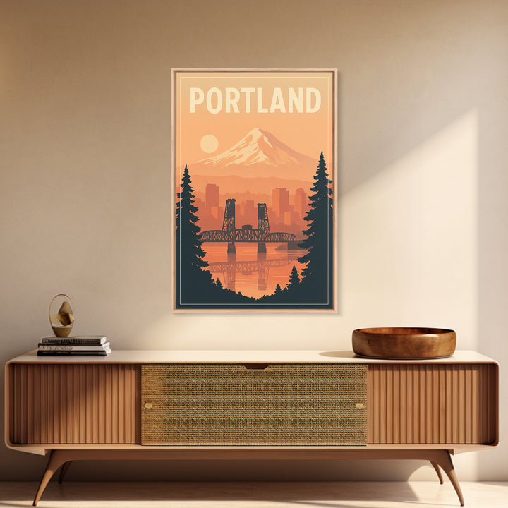 Portland Oregon Travel Poster, Framed Canvas Print, Retro Sunset Skyline Art, Portland Travel Art, City Illustration, Travel Poster Art