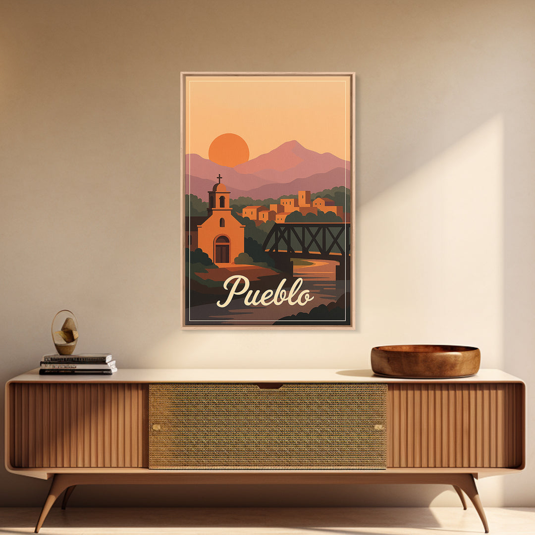 Pueblo Colorado Travel Poster, Canvas Print, Retro Sunset Skyline Art, Pueblo Wall Art, Retro Travel Print, Modern Wall Decor, Travel Gift