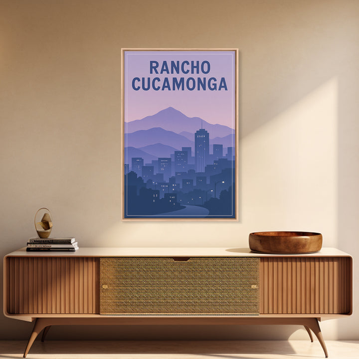 Rancho Cucamonga California Travel Poster, Framed Canvas Print, Retro Sunset Skyline Art, Rancho Cucamonga Poster Print, Eclectic Wall Decor