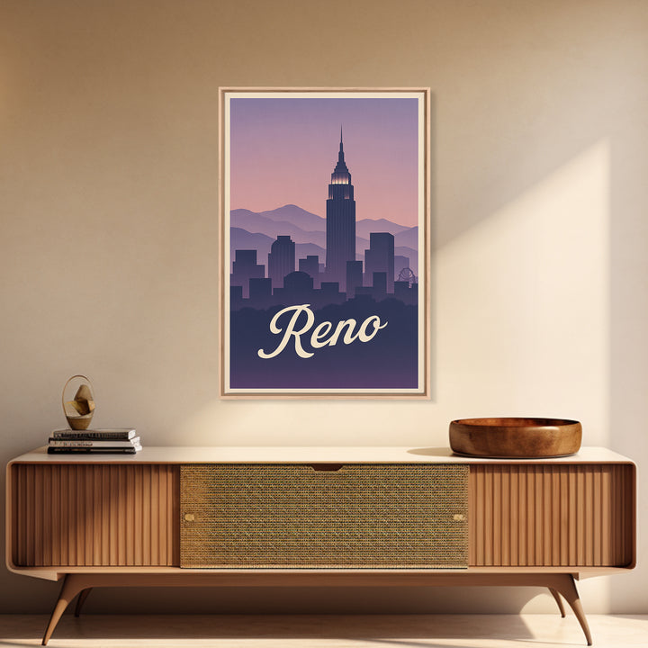 Reno Travel Poster, Canvas Print, Retro Sunset Skyline Art, Reno Art Print, City Illustration, Wanderlust Decor, Mid Century Wall Art