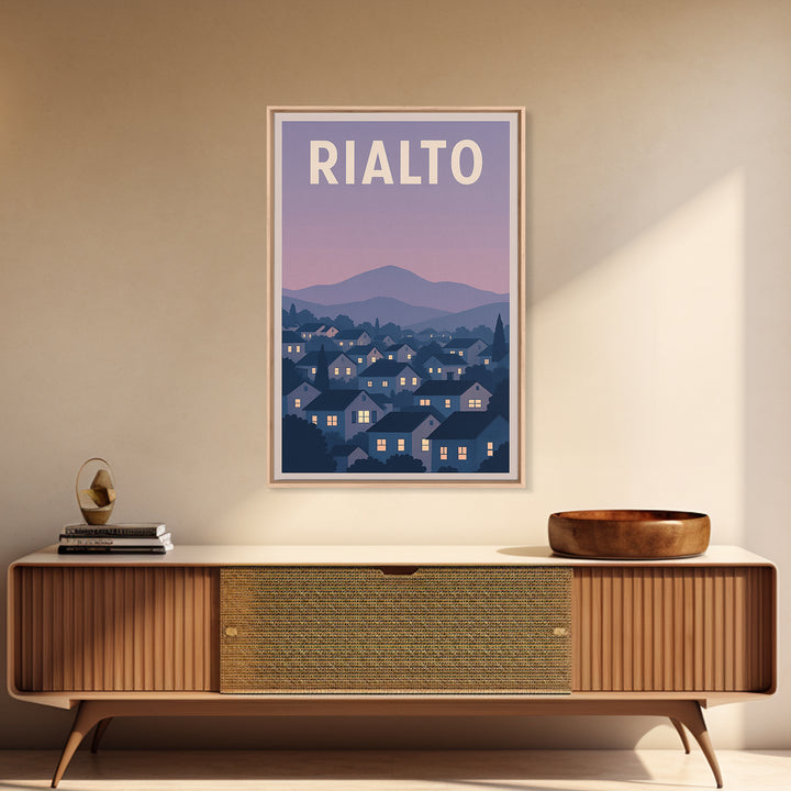 Rialto Travel Poster, Framed Canvas Print, Retro Sunset Skyline Art, Rialto Wall Art, Watercolor Skyline Art, Travel Poster Art, Design 2
