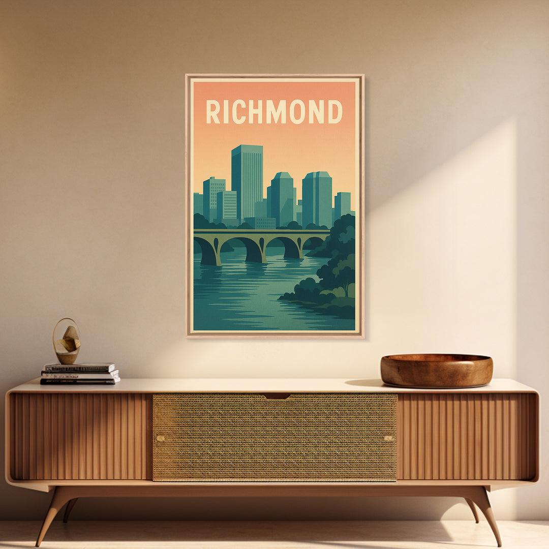 Richmond Virginia Travel Poster, Canvas Print, Retro Sunset Skyline Art, Richmond Poster Print, Watercolor Cityscape, Retro Travel Print