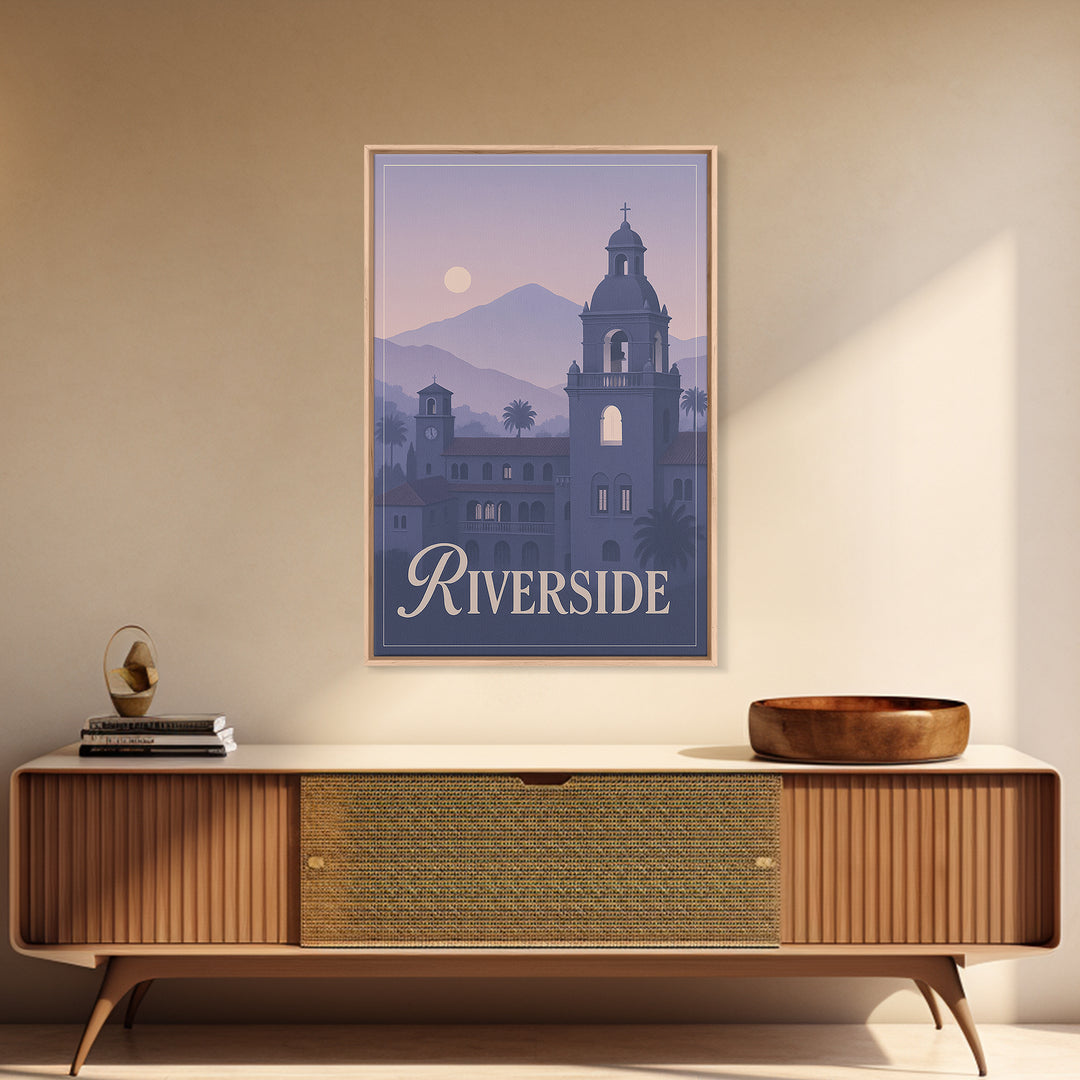 Riverside Travel Poster, Framed Canvas Print, Classic Travel Poster Art, Riverside Wall Art, Eclectic Wall Decor, City Illustration