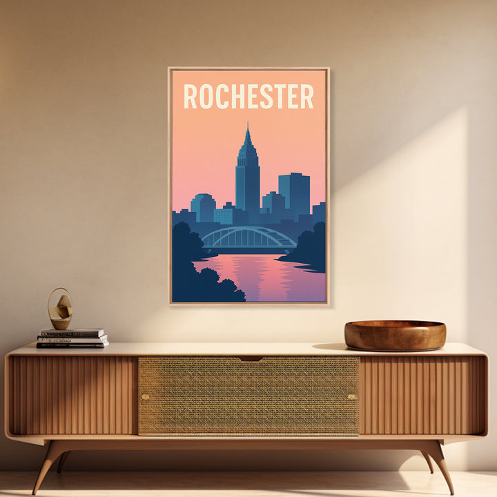 Rochester Travel Poster, Framed Canvas Print, Mid Century City Wall Art, Rochester Travel Art, City Art Print, Vintage City Poster