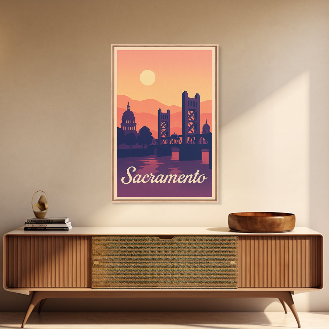 Sacramento California Travel Poster, Canvas Print, Retro Sunset Skyline Art, Sacramento Art Print, Wall Art, Mid Century Wall Art