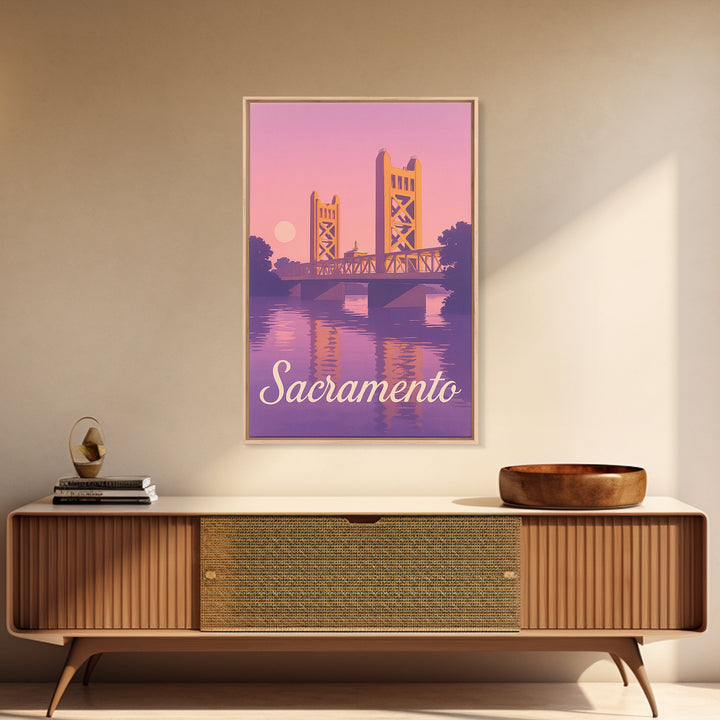 Sacramento Travel Poster, Canvas Print, Retro Sunset Skyline Art, Sacramento Art Print, Mid Century Wall Art, Gift For Travelers