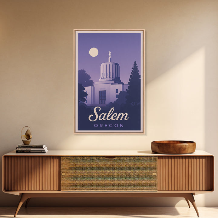 Salem Travel Poster, Canvas Print, Retro Sunset Skyline Art, Salem Art Print, City Illustration, Mid Century Wall Art, Travel Wall Decor